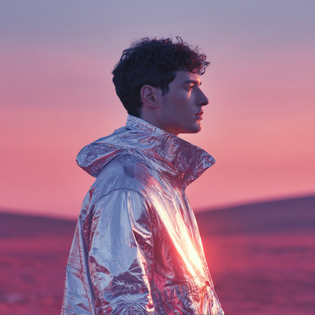 Young man in a silver jacket at sunset in the desert. Side view.の素材