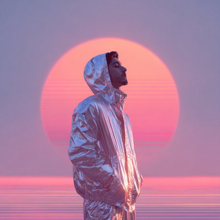 Man in a protective suit against the background of the setting sun. 3d renderingの素材