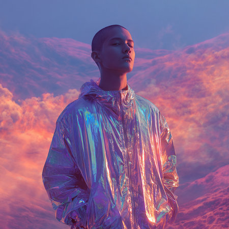 3D illustration of a futuristic man in a blue raincoat against a sunset skyの素材