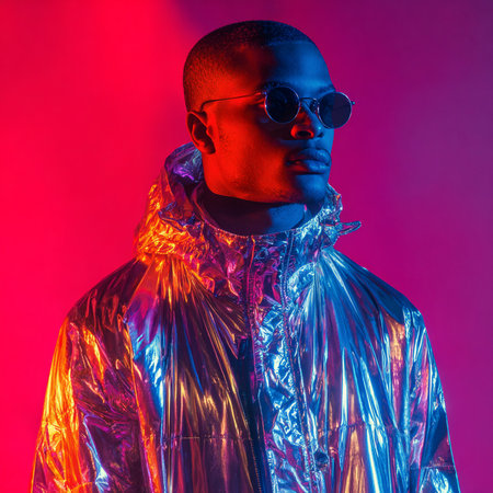 Portrait of african american man in shiny jacket and sunglasses on neon backgroundの素材