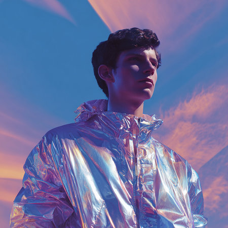 Portrait of a young man in a silver jacket against the skyの素材