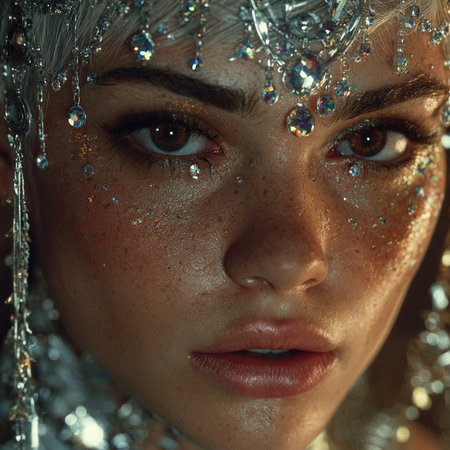 Portrait of beautiful woman with sparkles on her face. Beauty, fashion.の素材