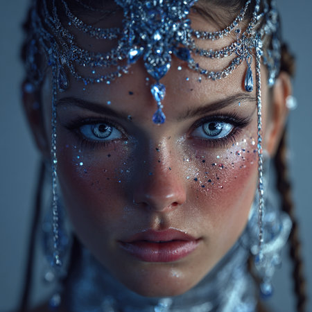 Portrait of a beautiful young woman with silver make-up.の素材