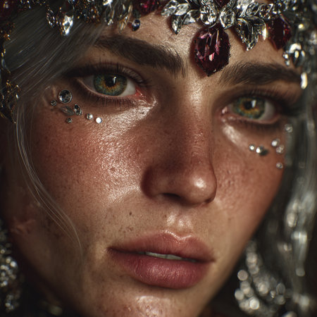 Closeup portrait of beautiful young woman with creative make-up and rhinestonesの素材