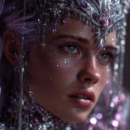 Close-up portrait of a beautiful woman with sparkles on her faceの素材