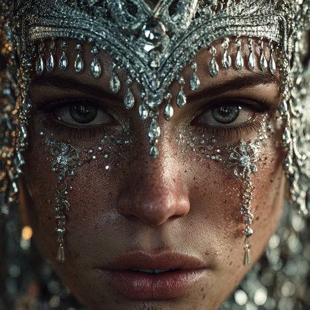 Close-up portrait of a beautiful young woman in a silver headdressの素材