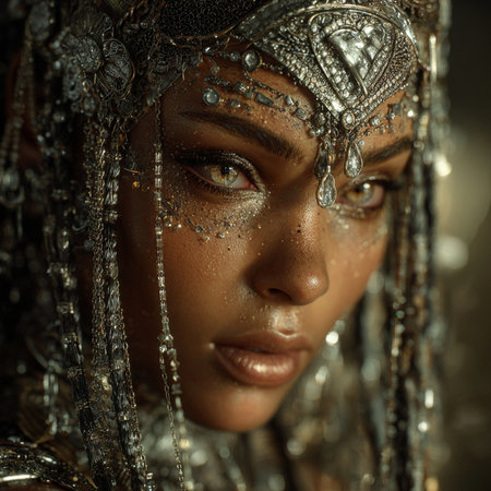 Portrait of a beautiful African woman in a silver costume.の素材