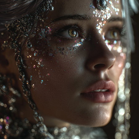 Close-up portrait of a beautiful girl with glitter on her faceの素材