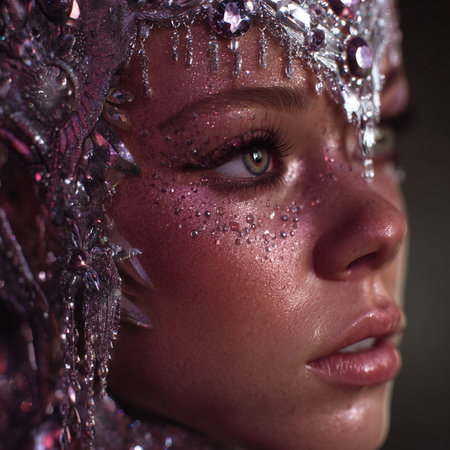 Close-up portrait of a beautiful woman with sparkles on her faceの素材
