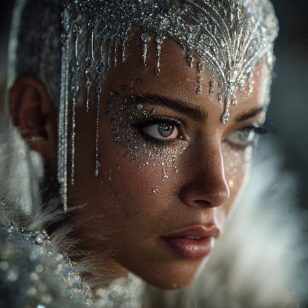 Closeup portrait of a beautiful girl in a silver suit with feathersの素材
