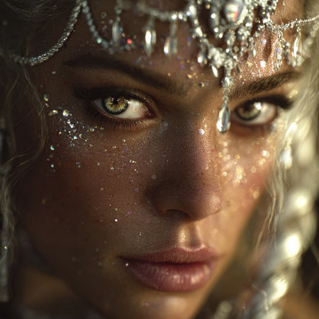 Portrait of a beautiful young woman with creative make-up and sparklesの素材