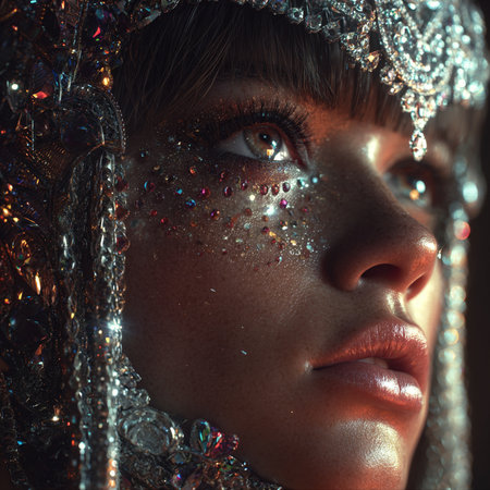 Fashion shot of a beautiful young woman with glitter on her face.の素材