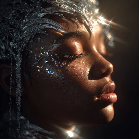 Fashion portrait of a beautiful girl with silver makeup and glitter.の素材