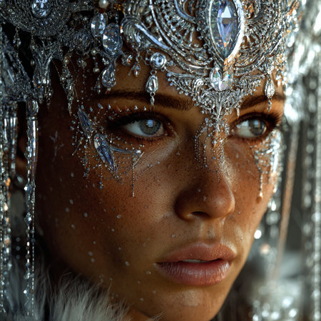 Portrait of a beautiful African American woman with crystals on her faceの素材
