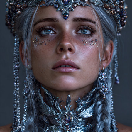 Close-up portrait of a beautiful girl in a headdress of silver.の素材