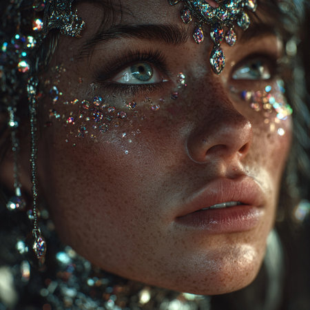 Close-up portrait of a beautiful girl with sparkles on her faceの素材