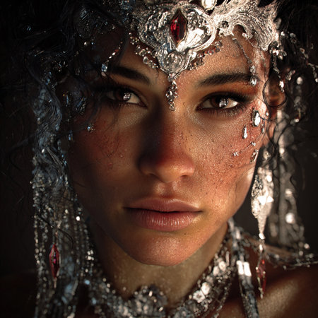 Portrait of a beautiful young woman covered with water droplets.の素材