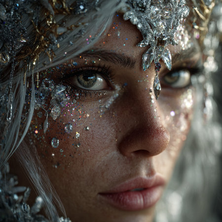 Close-up portrait of a beautiful snow queen with silver make-upの素材
