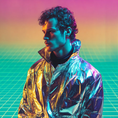 Young man in a shiny jacket. Studio shot over colorful background.の素材