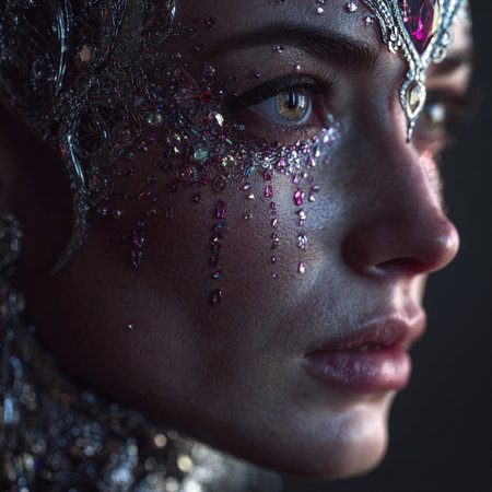 Close-up portrait of a beautiful woman with silver make-upの素材