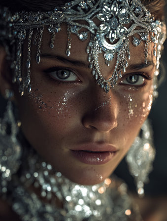Close-up portrait of a beautiful girl with silver crystals on her faceの素材