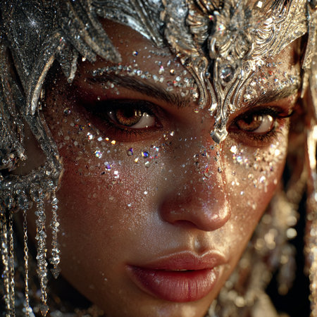 Portrait of a beautiful young woman with sparkles on her faceの素材