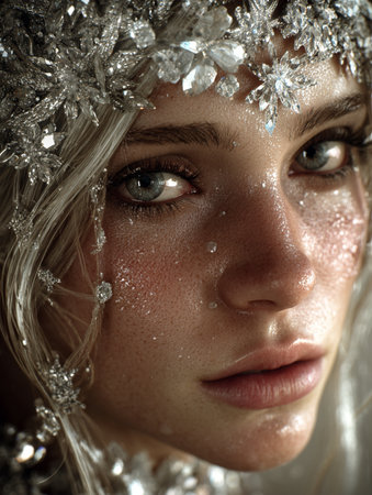 Winter beauty. Portrait of a beautiful young woman with snowflakes on her face.の素材