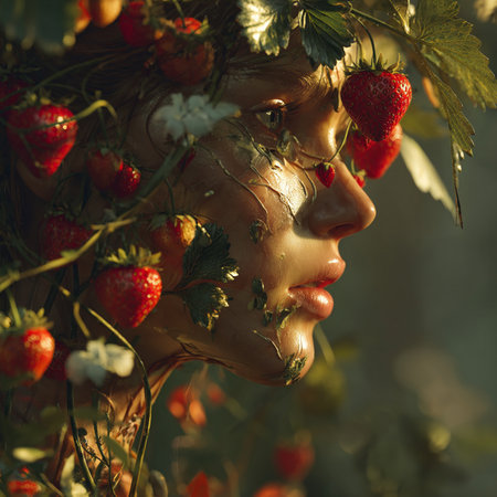 Fashion portrait of young beautiful woman with strawberry in the forest.の素材