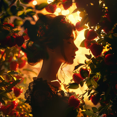 Portrait of a beautiful young woman in the garden at sunset.の素材
