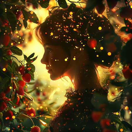 Beautiful girl with berries on the background of the night forest.の素材
