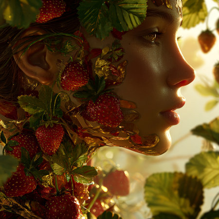Close-up portrait of a beautiful young woman with strawberries in her hairの素材