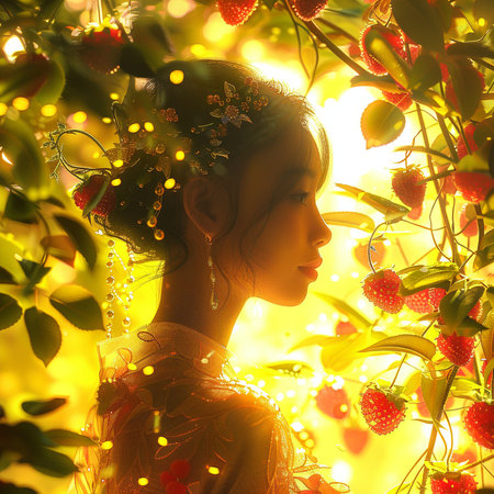 Beautiful girl in a wreath of berries in the garden.の素材