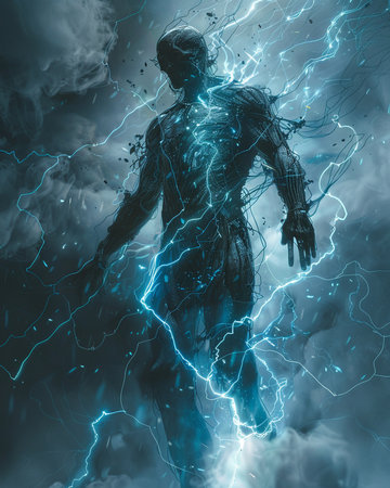 Female robot in stormy sky with lightning. 3D rendering.の素材