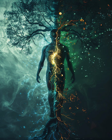 Conceptual image of a man with lightning above his head.の素材