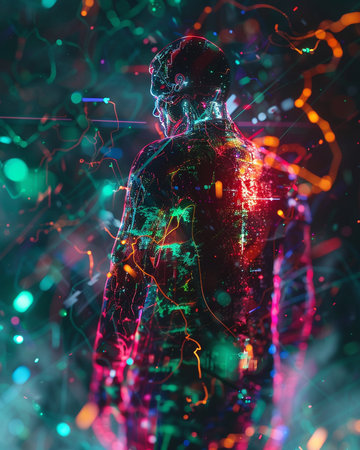 3D rendering of a man with neon light on his body.の素材