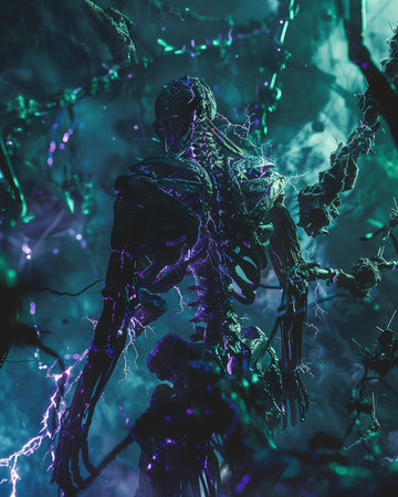 3D Illustration of a cyborg standing in a dark forestの素材