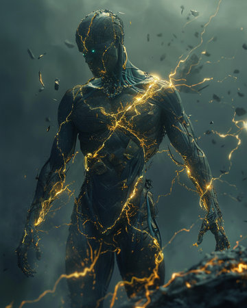 3d rendering of a cyber man with lightning in his body.の素材