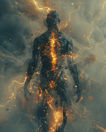 3D rendering of a male cyborg with a sword in his handsの素材