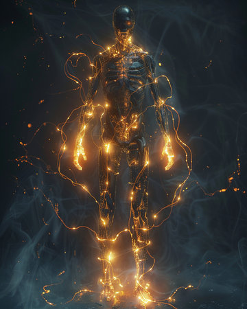 3D illustration of a human body made of glowing wireframe with particlesの素材