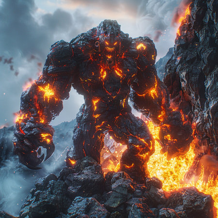 Volcanic eruption. Burning lava. 3D illustrations. Fire and smoke.の素材