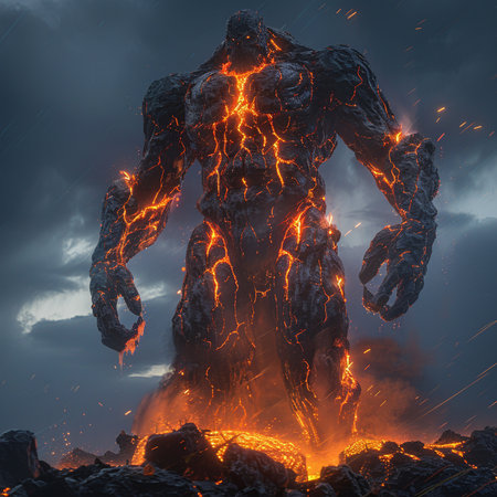 Volcanic eruption with lava and lightning. 3D illustrations.の素材