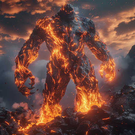 3d illustration of a monster in the flames of the volcano.の素材