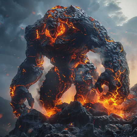 3D illustration of a monster with fire and smoke in the backgroundの素材