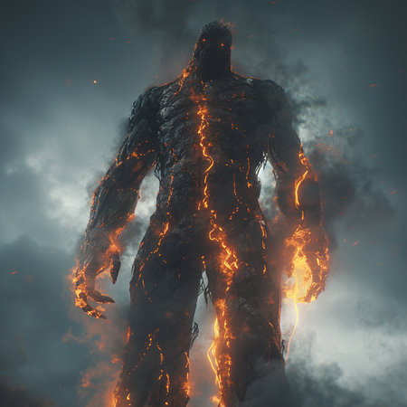 Man in the form of a man with a burning body in the smokeの素材