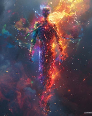 Digital Illustration of a Male Body Surrounded by Colorful Fireの素材