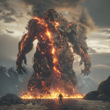 Man standing in front of a huge lava explosion. 3d renderingの素材