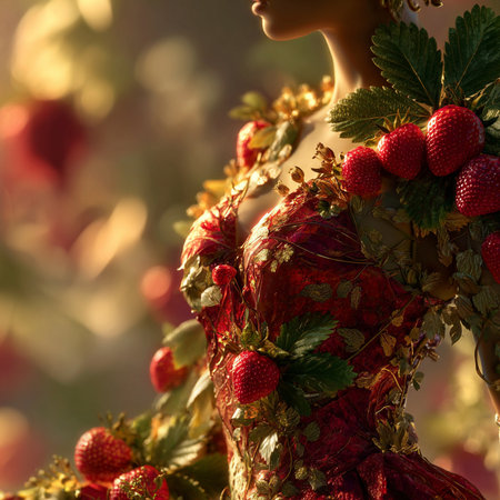 Strawberry woman in a red dress on a background of flowersの素材