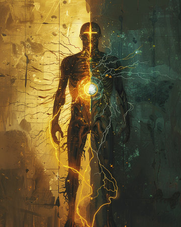 Graphic illustration of a man with a glowing cross in his hands.の素材