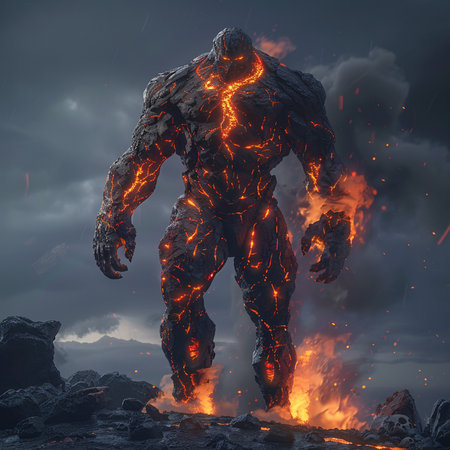 3d rendering of a monster with flames coming out of his bodyの素材