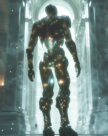 3D rendering of a male robot inside a museum with glowing lightsの素材